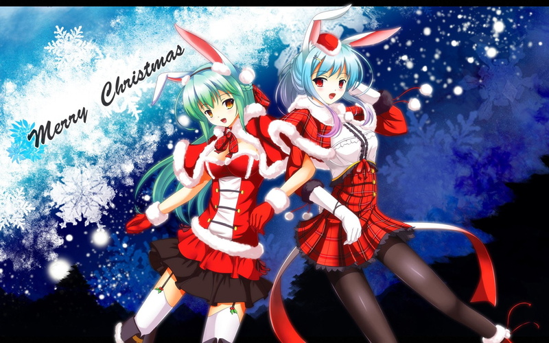 eyes, cleavage, Bunnygirl, yellow, original, Aqua Hair, Red Eyes, Green, ears, gloves, pantyhose, Thighhighs, animal, christmas, hair, Fatkewell, bunny