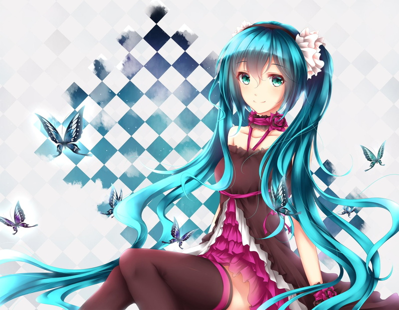 Long Hair, Blue Eyes, Pantyhose, Dress, Butterfly, Blue Hair, Anime, Twintails, Flower, Hatsune Miku, Blush, 720P, Headband, Vocaloid