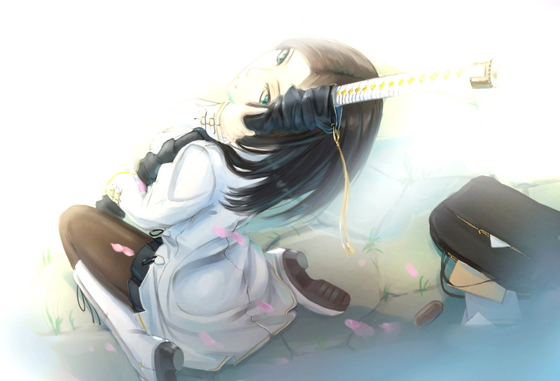 skirt, original, boots, black, petals, katana, kikivi, grass, green, 720P, pantyhose, eyes, sword, book, hair, weapon