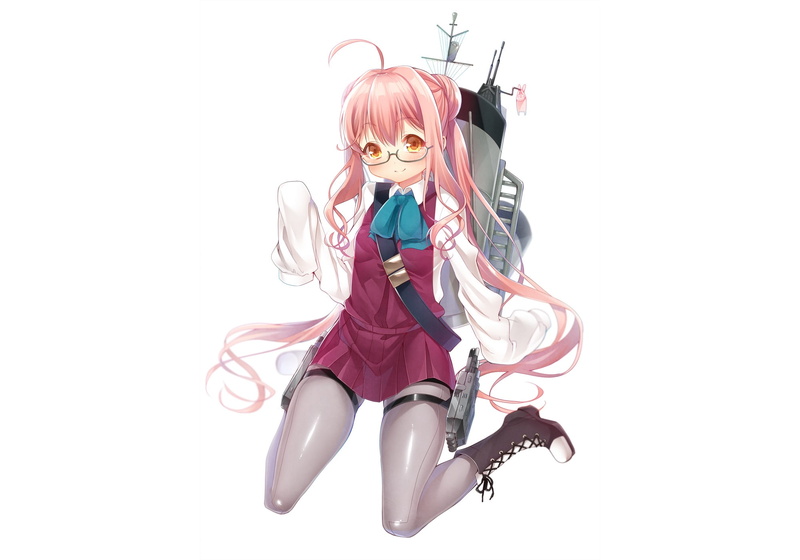 boots, white, long, junoct2000, kancolle, orange, 1080P, hattori, hair, pink, makigumo, collection, kantai, eyes, skirt, pantyhose, glasses