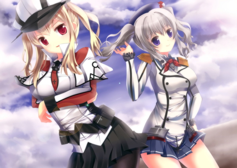sky, 1080P, eyes, tagme, blue, red, clouds, military, hair, skirt, girls, uniform, twintails, (artist), hold, pantyhose, waifu2x, hat, blonde, gray