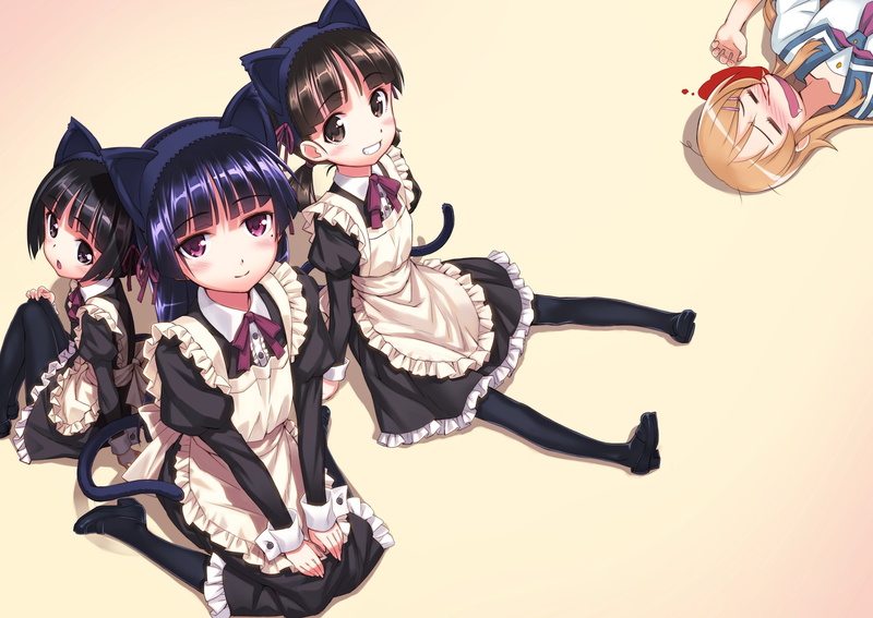 blood, eyes, short, nosebleed, blush, maid, hair, twintails, ruri, fang, seifuku, pantyhose, long, black, brown, matsuryuu, gokou, 2K, apron, tail