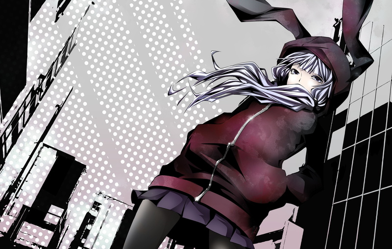 wind, people, 4K, hair, ears, hood, animal, art, long, hd, cityscapes, purple, buildings, twintails, skirts, pantyhose, vocaloid