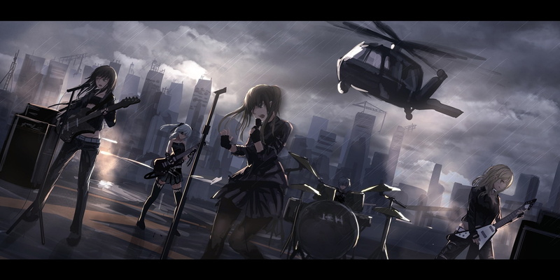 microphone, original, black, city, 250282, long, eyepatch, aliasing, guitar, drums, 1080P, building, hair, rain, water, skirt, white, com, konachan, instrument