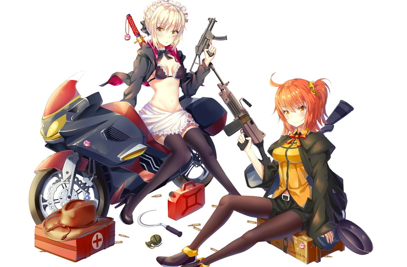 eyes, pantyhose, 2girls, shorts, short, 1080P, thighhighs, breasts, hat, motorcycle, hair, bikini, saber, ponytail, 249956, yellow, gun, headdress, com