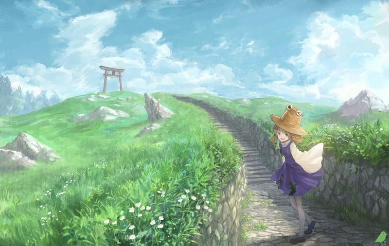 brown, green, 1080P, you, scenic, eyes, hat, sky, flowers, 235634, torii, touhou, moriya, com, suwako, konachan, grass, hair, (shimizu), clouds, landscape