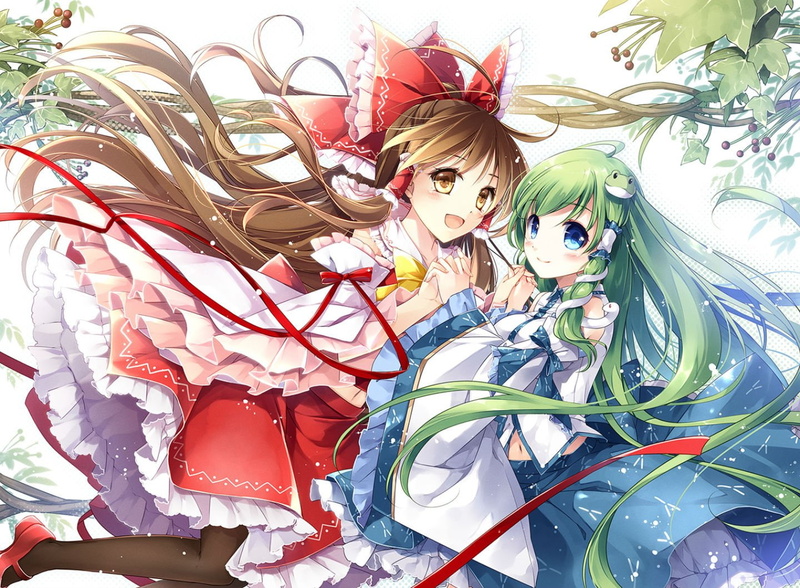 girls, eyes, moka, navel, long, leaves, brown, reimu, pantyhose, 720P, sanae, bow, touhou, hair, miko, blue, marimo, green, skirt, kochiya, hakurei