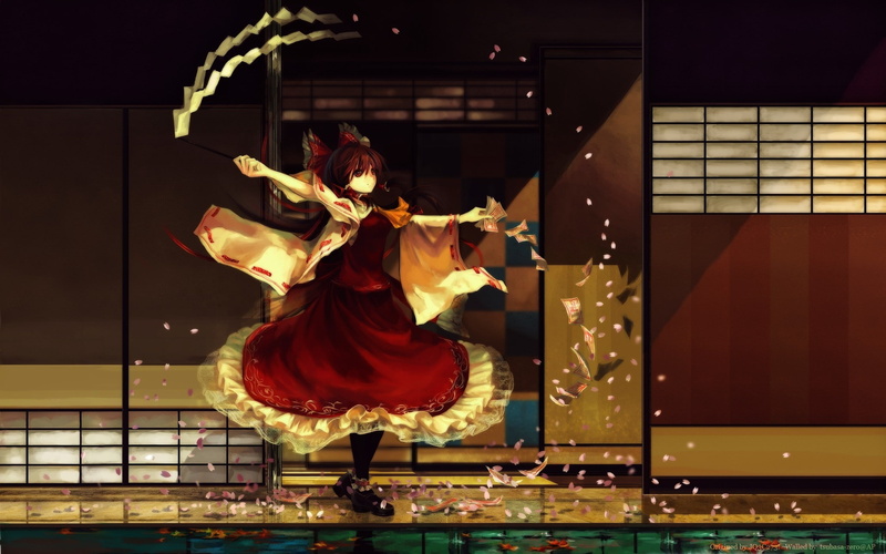 games, reimu, hair, houses, miko, video, architecture, Video Games, touhou, brown, hakurei, 1080P, art, long, eyes, ribbons, hd, dress, brunettes, pantyhose