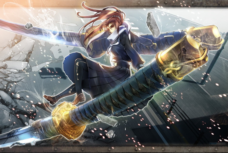 seifuku, pantyhose, original, hair, long, dan, 720P, brown, eyes, skirt, takayama, weapon, sword, katana