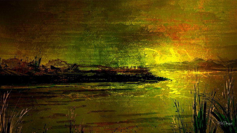 painted, island, golden, artistic, dark, mountains, water, fall, autumn, 1080P, reeds, green, reflection, morning, sketch