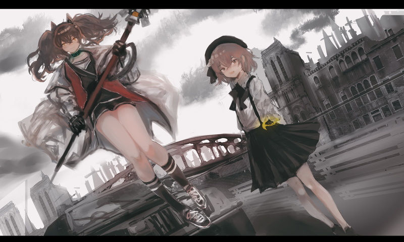 twintails, Angelina(Arknights), brunette, Arknights, town, short hair, school uniform, Hatoba Tsugu, anime girls, crossover, 4K