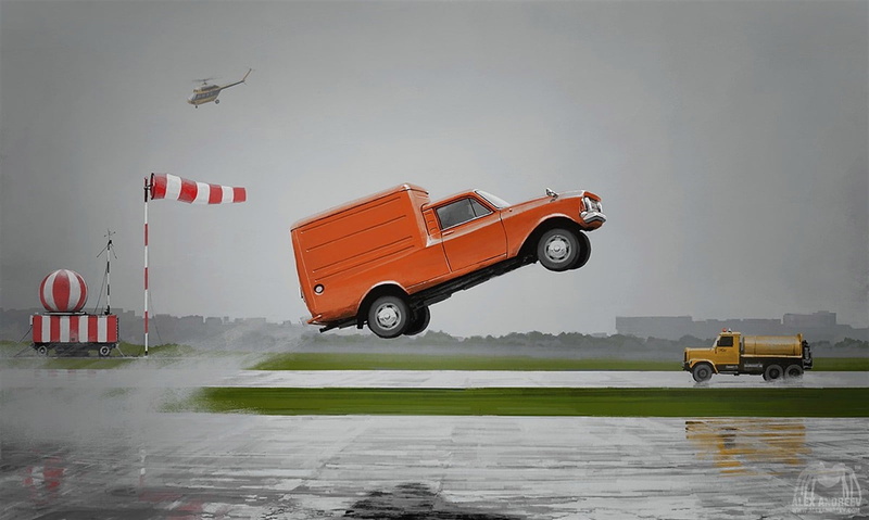 orange cars, 720P, concept art, Alexey Andreev, car, vehicle, surreal, artwork