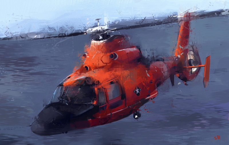 helicopters, outdoors, water, painting, reflection, accidents and disasters, vehicle, ship, 2D, no people, 1080P, sea, motion, red, illustration, transportation