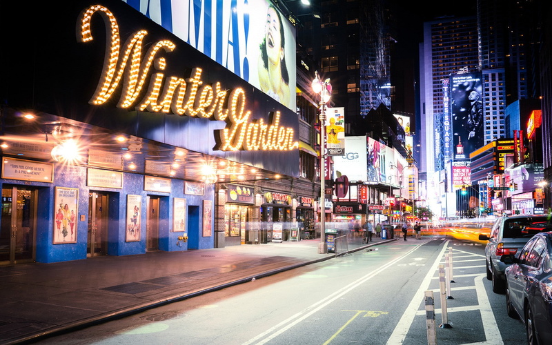 signs, garden, the street lights, york, Skyscrapers, winter, theatre, 1080P, USA, New York City, Winter Garden Theatre, city, new