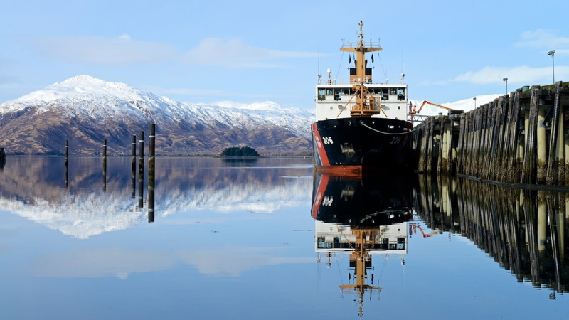 dock, technology, ship, paint, red, waterfront, daytime, cloud - sky, near, vessel, beauty in nature, building, boat, reflection lake, maritime, nature
