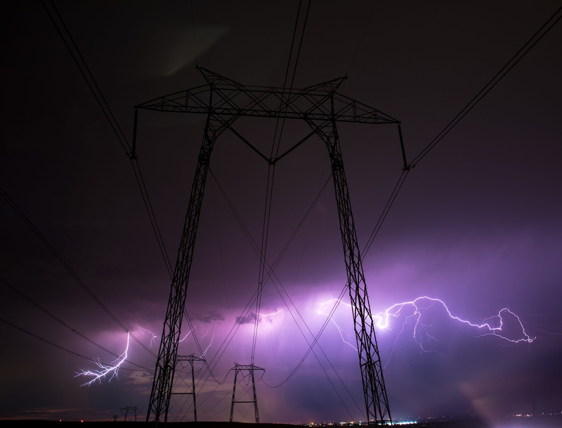 wire, storm, lightning, sky, no people, low angle view, power tower, complexity, power line, technology, forked lightning, 4K, lightnings, purple, cloud - sky