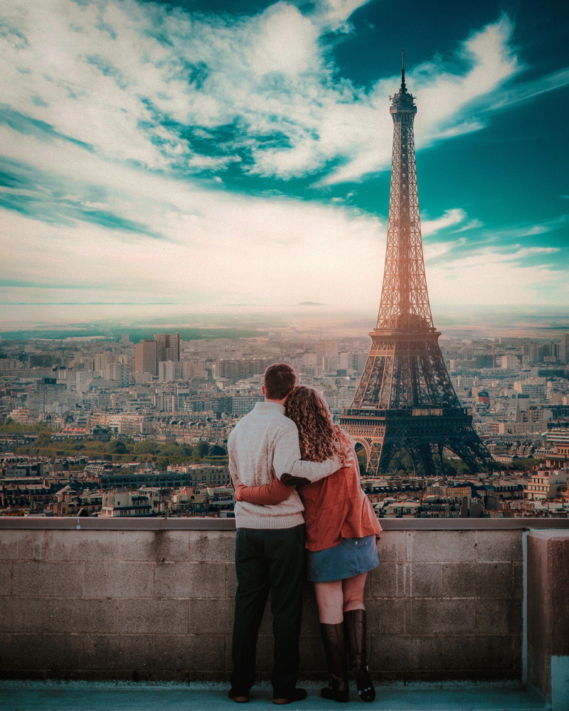 love, front, couple - relationship, two people, eiffel, togetherness, building exterior, adult, woman, building, sunny day, tall - high, men, people, sky