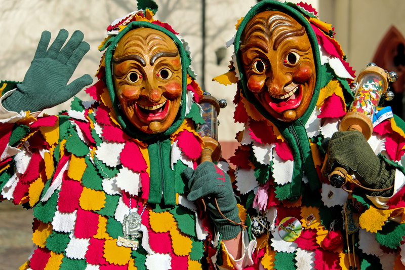 creativity, flecklehaes, costume, day, person, happiness, brown, two, paint, wooden mask, fun, focus on foreground, representation, front view, looking at camera