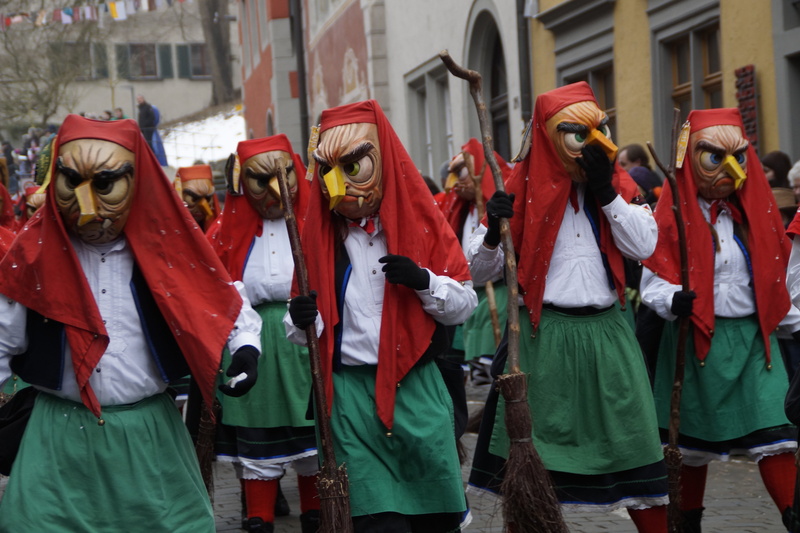outdoors, costume, witches, swabian alemannic, wooden mask, real people, arts culture and entertainment, building exterior, traditional clothing, clothing