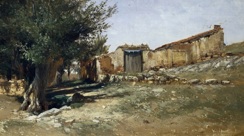 the ruins, tree, picture, Landscape in Aragon, house, Carlos de Haes, 1080P