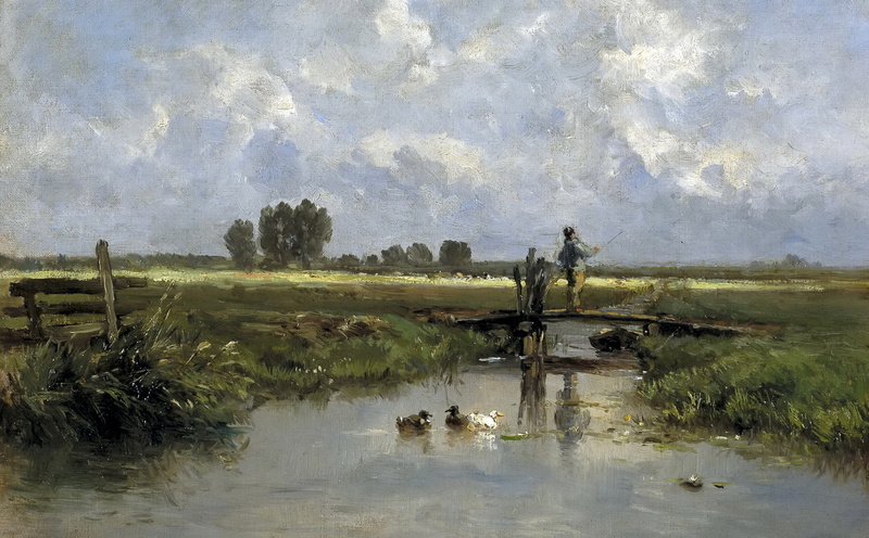 the bridge, Friesland Landscape, Carlos de Haes, river, fisherman, 1080P, picture, stream