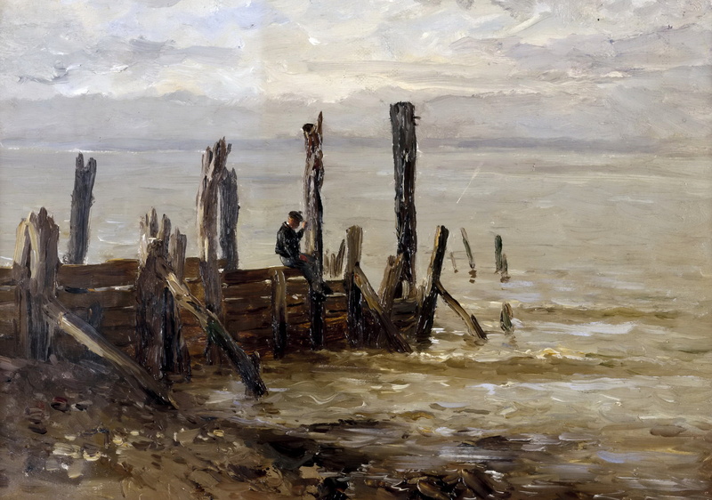 picture, pier, seascape, Carlos de Haes, The sea at Villerville, 1080P