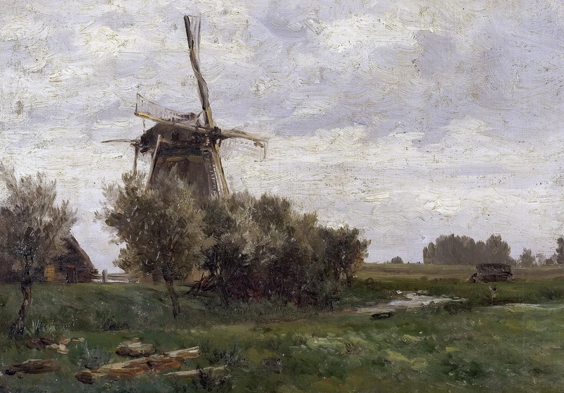 Carlos de Haes, picture, nature, landscape, 1080P, Windmill