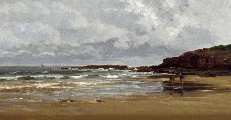 The beach at Karraspio, shore, Carlos de Haes, seascape, rocks, picture, people, 1080P