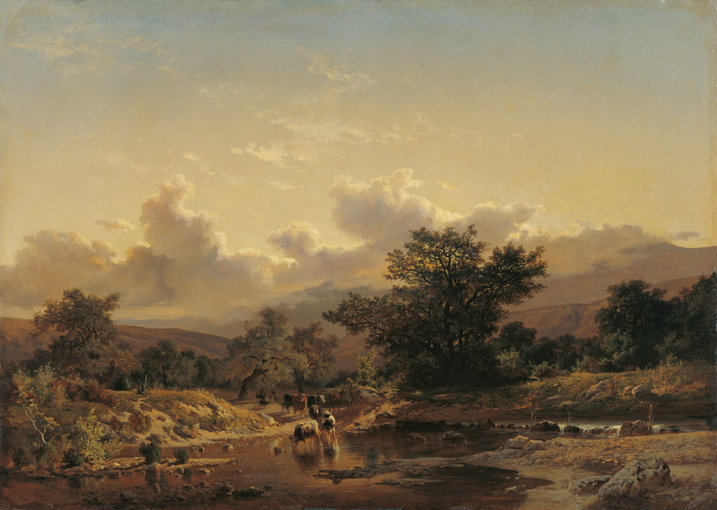 trees, sky, beauty in nature, countryside, field, plant, Carlos De Haes, tree, fog, scenics - nature, land, 2K, scenic, Art, oil on canvas, tranquil scene