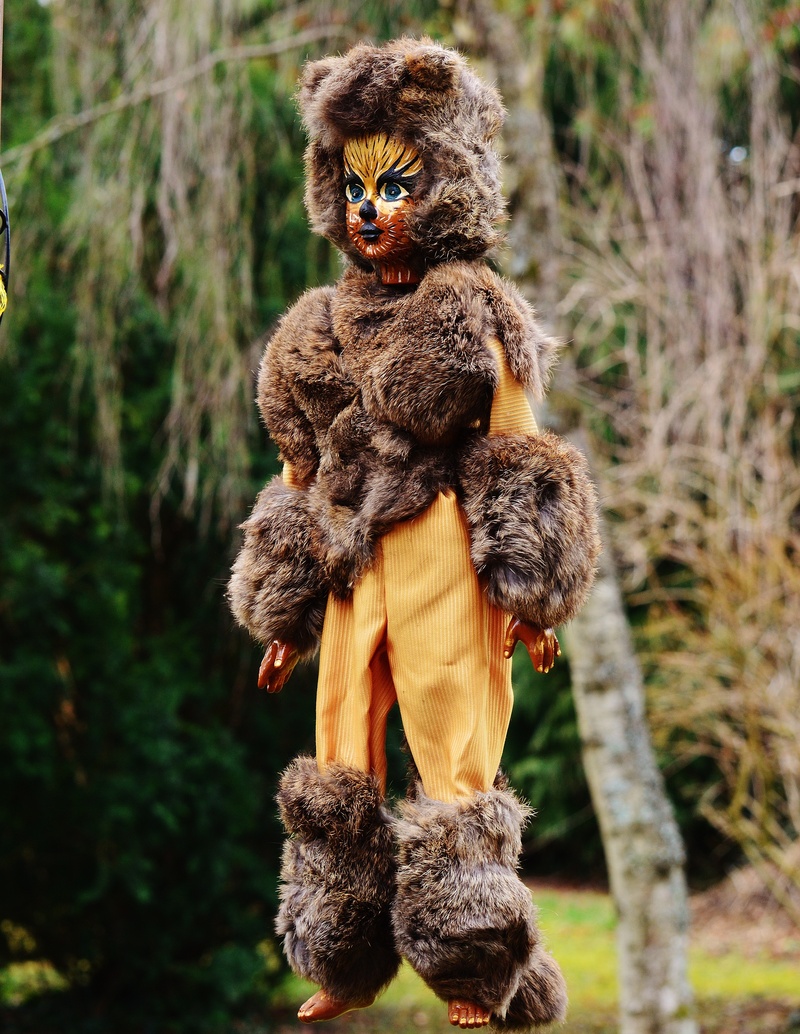 tree, fun, outdoors, one animal, custom, color, mammal, face, funny, mask, plant, humor, figure, primate, masquerade, painting, doll, land, forest, focus on foreground