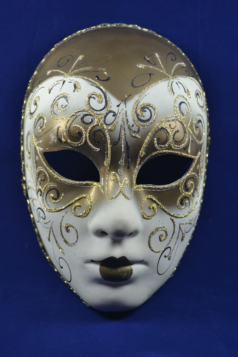cultures, female likeness, white, human representation, mystery, art and craft, halloween, brown, masquerade, 4K, blue background, blue, sculpture, gold