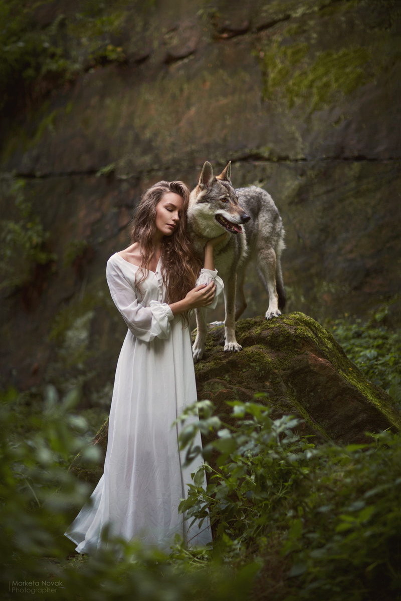 one person, 1080P, hair, fantasy girl, mammal, young adult, long hair, model, clothing, forest, women, 500px, standing, adult, dress, czechoslovakian wolfdog