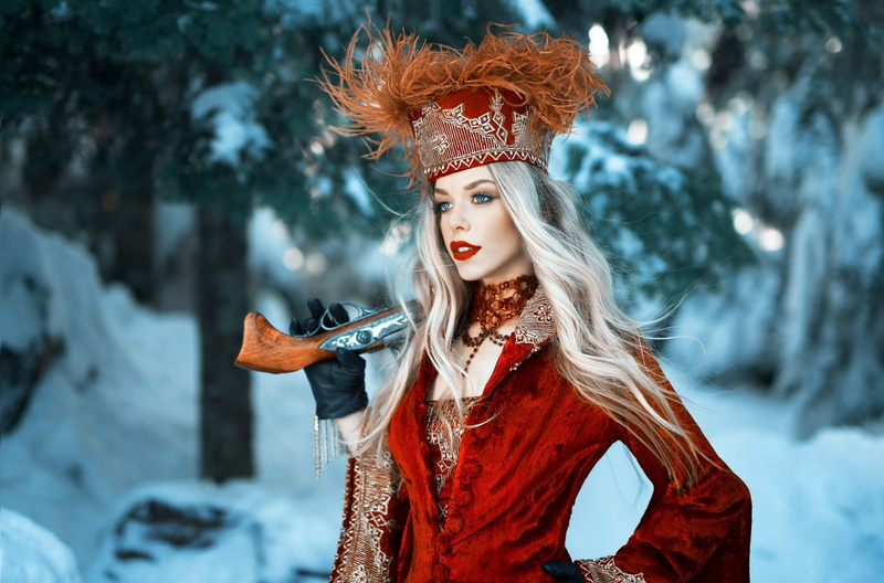 red lipstick, winter, gloves, necklace, looking away, girl, 1080P, hat, portrait, long hair, makeup, dress, blue eyes, photographer, lipstick, face, style