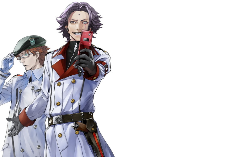 gloves, hair, grin, aqua, redjuice, simpl, brunettes, anime, handguns, eyes, teeth, red, 2K, cellphones, short, coat, boys, glasses, guns, heterochromia