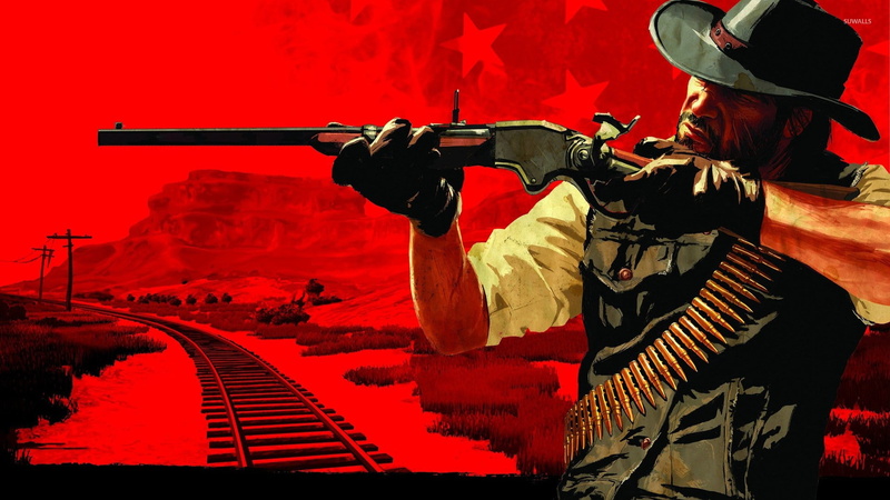 hat, digital art, red, 1080P, Red Dead Redemption, Video Game Art, Rockstar Games, Red Dead Redemption 2, weapon, video games, John Marston, cowboys, beard
