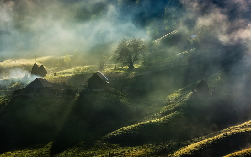 village, mist, Romania, house, grass, hills, nature, 2K, fairy tale, landscape, trees, fence