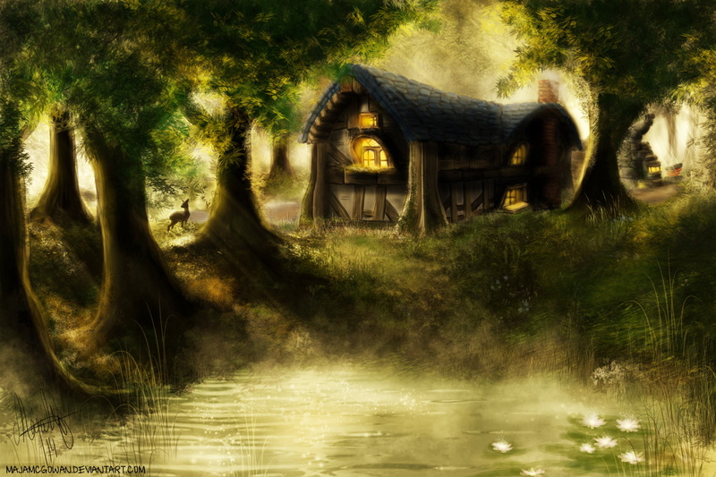 Water Lily, 1080P, Inn, Artistic, House, Leaf, Elwynn Forest, Tree, Deer, Crystal Lake, Sunbeam, Fairy Tale, Forest