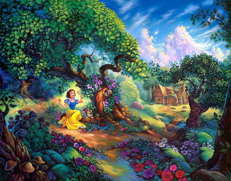 religion, women, paint, outdoors, Fairy tale, green color, tree, art and craft, water, painted, House, adult, painted image, people, Fairy forest, belief
