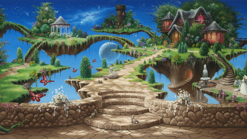 flowers, rabbits, house, Fairy Tale, butterfly, Fawns, digital art, 1080P
