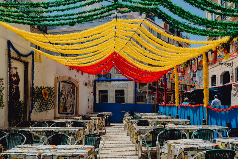 decoration, colorful, travel, garland, anthony, town, lisbon, Europe, table, festival, happy, outdoors, hanging, 5K, alfama, streets, seat, order, building