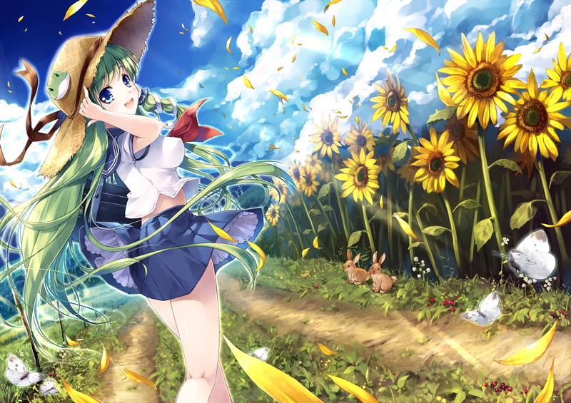 hats, girls, school, open, touhou, hair, flower, uniforms, green, anime, video, petals, skirts, butterflies, long, kochiya, ornaments, mouth, sanae, bunnies