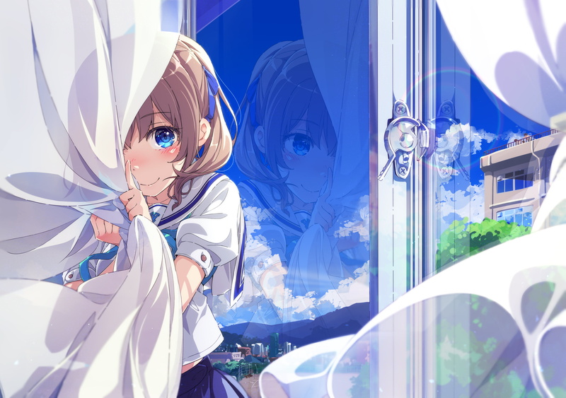 reflection, sky, Ogipote, building, blue eyes, 4K, ribbons, clouds, blush, short hair, skirt, school uniform, twintails
