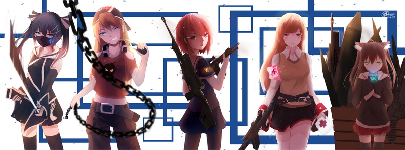Headphones, Girl, Sniper, Original (Anime), Orange Eyes, 1080P, Long Hair, Red Hair, School Uniform, Brown Hair, Bomb, Anime, Blue Eyes, Twintails, Weapon
