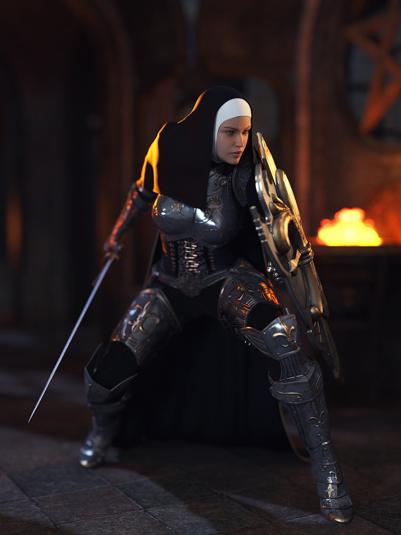 nuns, fantasy art, fantasy girl, Armored, render, sword, warrior, shield, girls with swords, 720P, CGI