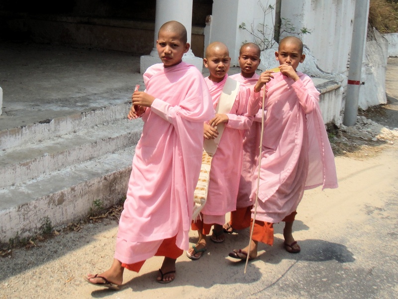 pink color, faith, monastery, pink, myanmar, smiling, girls, females, faithful, religion, day, buddhism, lifestyles, architecture, real people, group of people
