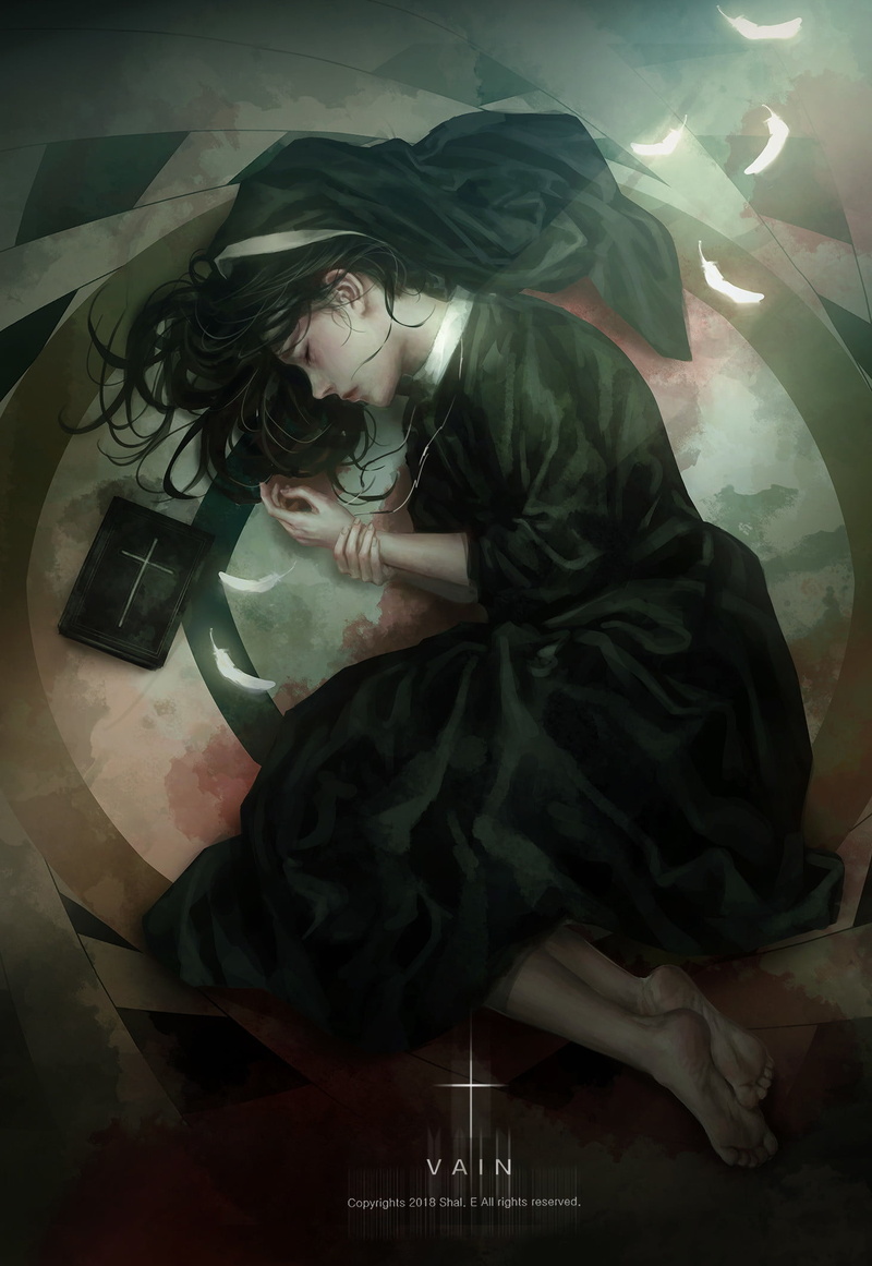 closed eyes, anime girls, Holy Bible, nuns, dark hair, 1080P, anime, on the floor