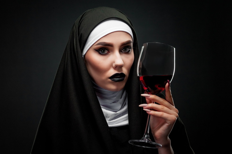 2K, makeup, women indoors, indoors, black background, nun, painted nails, black lipstick, looking at viewer, lipstick, simple background, studio, wine