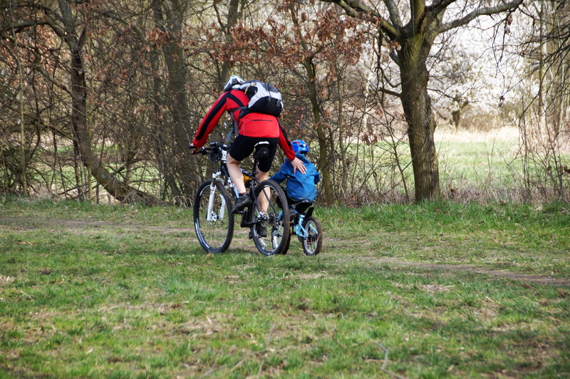 helps, lifestyles, riding, land, transportation, father, guiding, day, mountain Bike, cycling, real people, motion, sports Race, 5K, pushing the, bike
