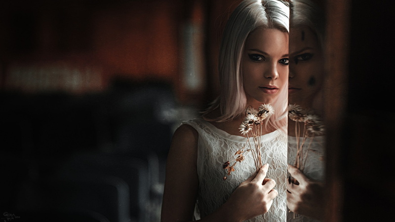 Masha Sidorova, Georgy Chernyadyev, reflection, women, blonde, 500px, flowers, 1080P, model