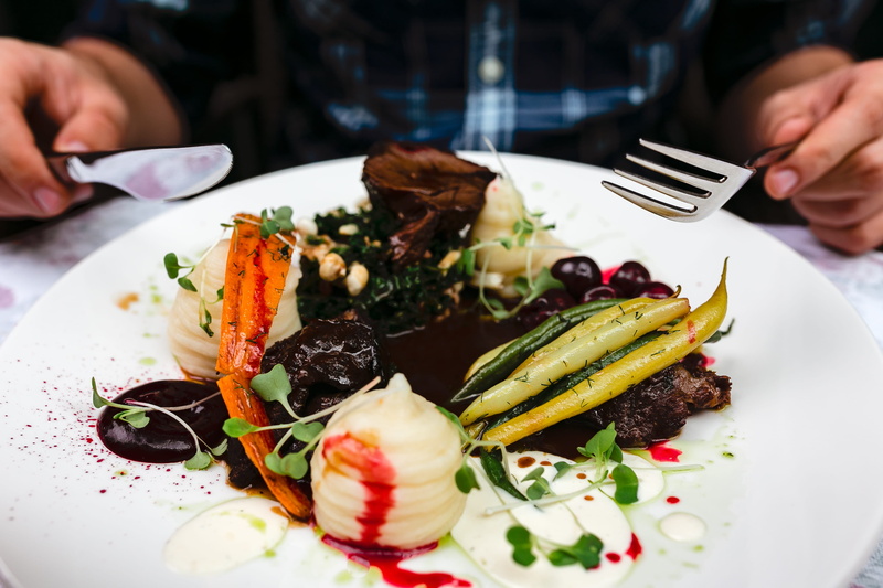 restaurant, kitchen utensil, one person, garnish, human body part, healthy Eating, hungry, lunch, fork, gourmet, fine Dining, meat, freshness, finger, crockery